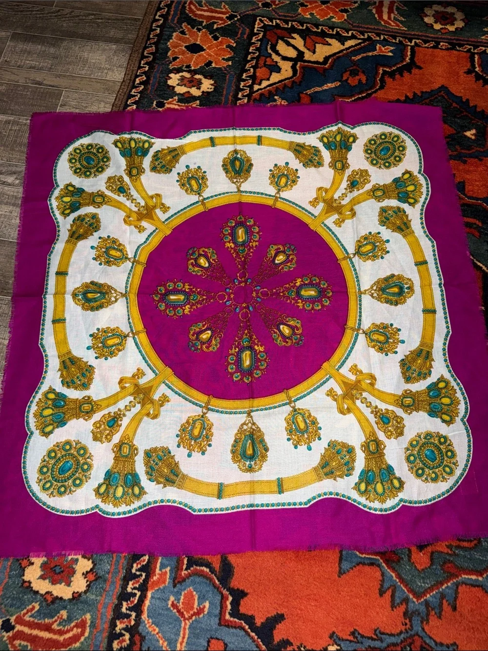 Vintage 60's Glentex~Stylish Fuchsia Gems and Links Gold Printed Square Scarf